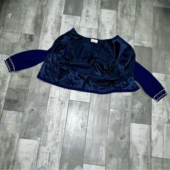 Vtg Cardigan Beaded Floral Navy Blue White Hand Made Cottagecore Lined Jacket M - Picture 7 of 15